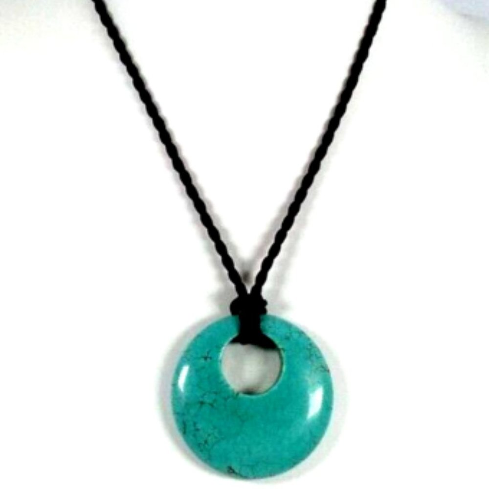 Blue Turquoise Howlite Disk Necklace 16" with Braided Silk Cord